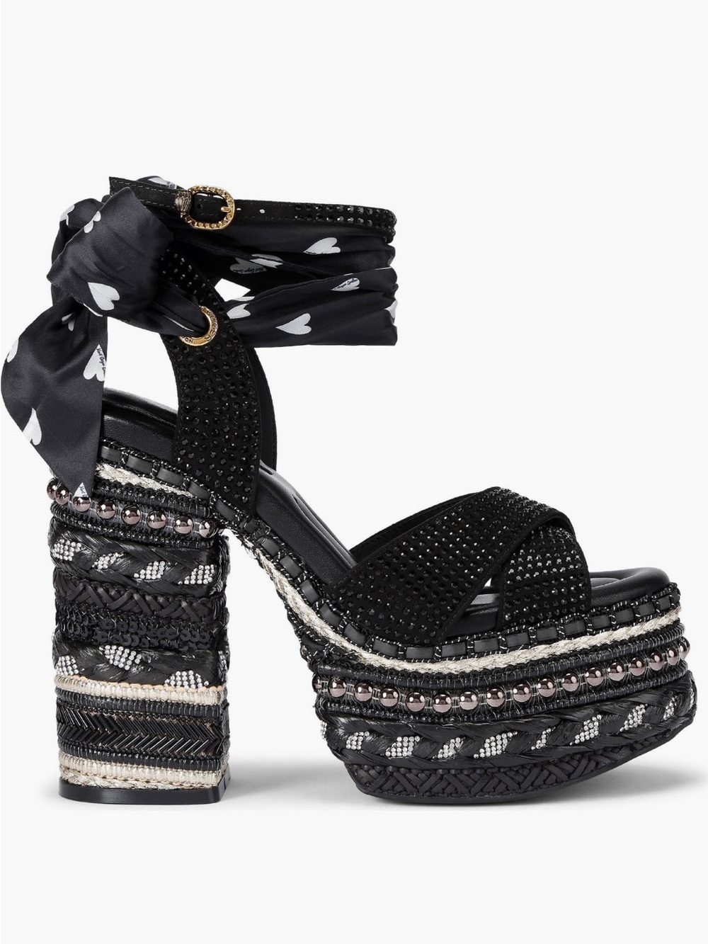 Kurt Geiger Black Embellished Platform Sandals with Heart-Print Ankle Tie